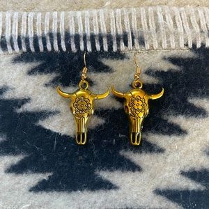 Boho Western Floral Steer Skull Gold Tone Earrings